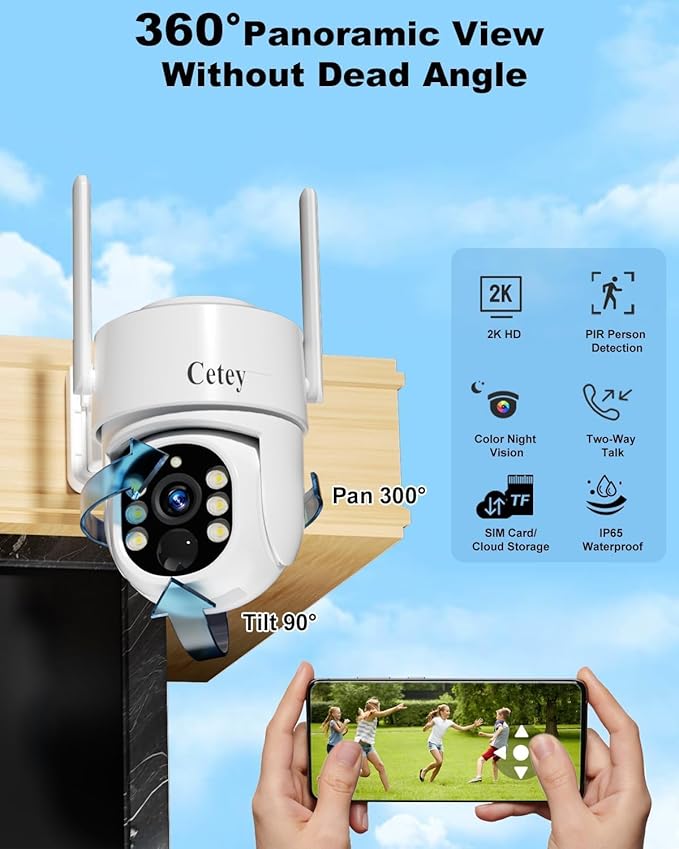 4G LTE Cellular Security Camera Wireless Outdoor, No WiFi Solar Powered Camera for Farms, Ranches, Estates Surveillance, 2K Color Night Vision, 360°PTZ, 2-Way Audio, PIR Motion Sensor