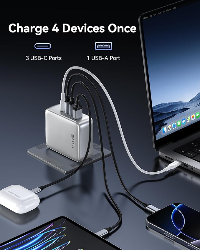 140W GaN USB C Wall Charger, 4-Port PD3.1 Laptop Charger Block Foldable Compact PPS Fast Power Adapter for MacBook Pro/Air, Dell XPS, iPad Pro, iPhone 17/16 Pro, Galaxy S25/S24, Steam Deck, and More