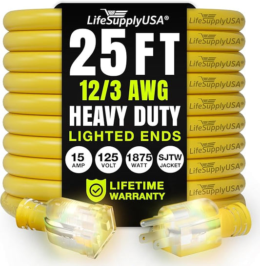 25ft Outdoor/Indoor Extension Cord 12/3 Gauge Extra Heavy Duty 3 Prong SJTW, Waterproof, Flexible Cold-Resistant Long Power Cord,15A 125V 1875W, Yellow by LifeSupplyUSA