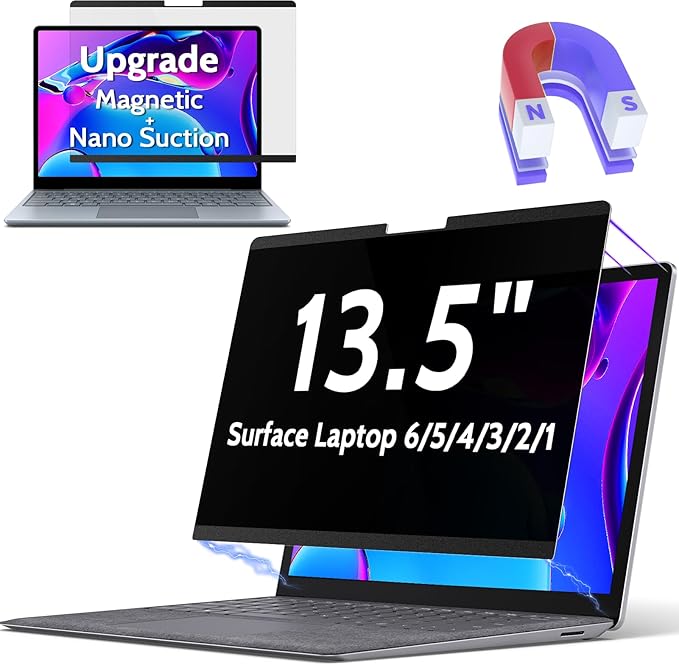 Magnetic Privacy Screen for Surface Laptop 6/5/4/3/2/1 13.5 Inch, Removable Anti Blue Light Glare Filter, Black Security Private Apy Block Protector
