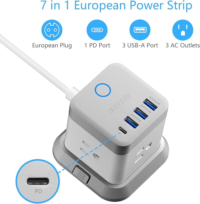 BESTEK European Travel Plug Adapter, Power Strip with USB C PD 20W and 3 USB Ports, 3 Side Wide Outlet Extender, 5ft EU Extension Cord, Detachable Base, Mountable Power Cube