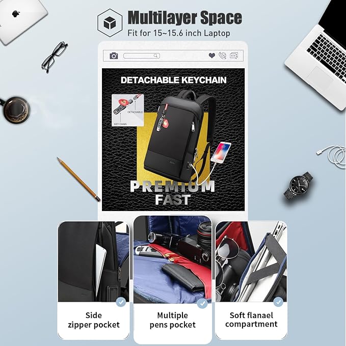 BOPai Slim Laptop Thin Business Backpack with Bottle Holder USB Charging Professional for Men Notebook Work Office Anti Theft Smart Computer 15-15.6 inch Back pack Light Black