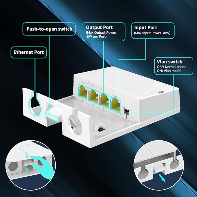 YuanLey Outdoor Gigabit PoE Extender 1 in 3 Out, 802.3af/at 4 Port PoE Repeater IP66 Waterproof, Vlan, Extend Additional 100m(328ft) of Power and Data Transmission, Wall Mount Plug and Play