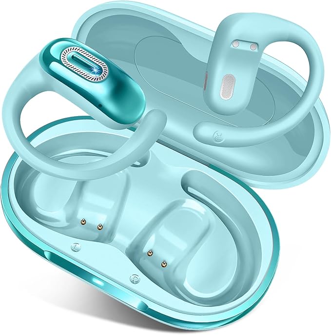 Open Ear Headphones, Bluetooth 5.4 Earbuds, 50H, Air Conduction Ear buds, HD Stereo Bass Over Ear Earphones with Earhooks, Ultra-Comfort Secure Fit, IPX7 Waterproof Headset for Working Sports, Blue