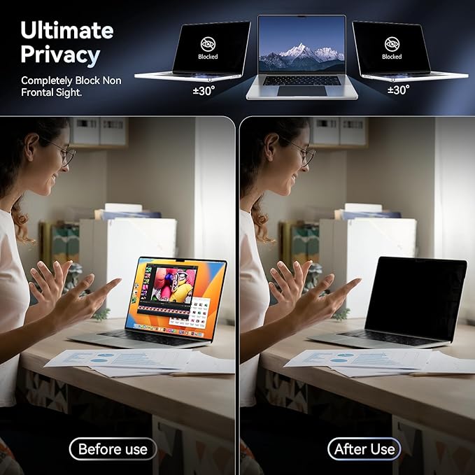 Privacy Screen Protector for MacBook Pro 16 Inch (2021-2024, M1, M2, M3), Easy On/Off Removable Anti Spy Blue Light Glare Shield Laptop Privacy Filter for Apple Mac Pro 16.2 in (A2991/A2485/A2780)