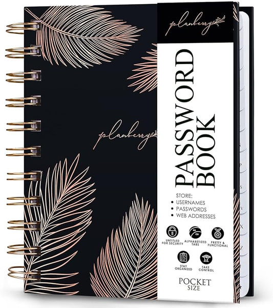 PLANBERRY Password Book Premium – Small Internet Address Organizer with A-Z Tabs – Pocket Website Password Keeper with Alphabetical Tabs – 4.7x5.7″, Hardcover (Onyx Black)