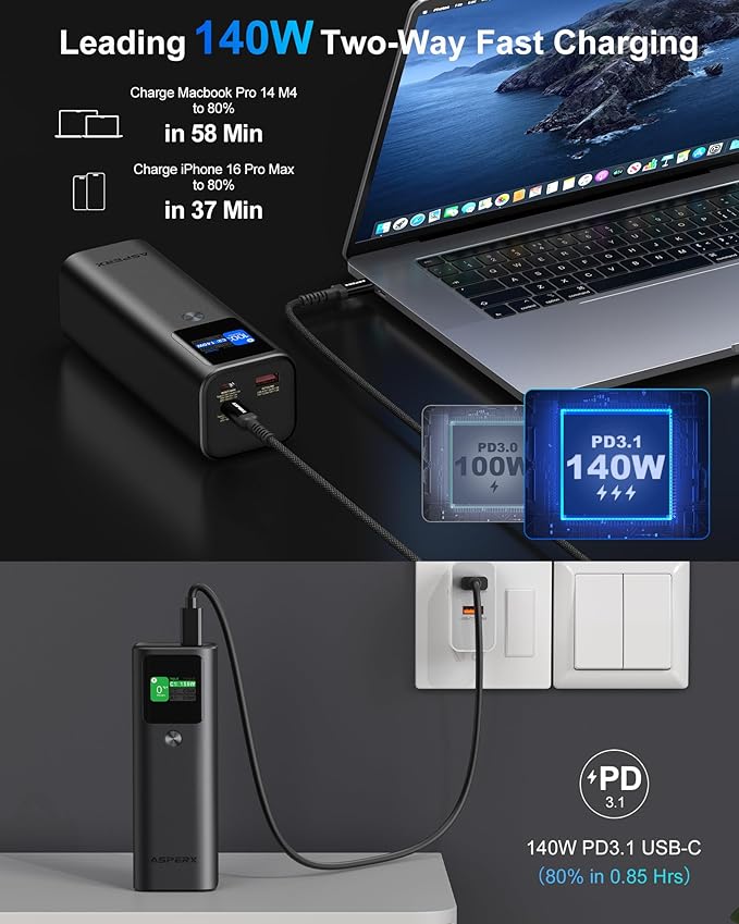 AsperX Laptop Power Bank, 27,600mAh 162.5W Aluminum Unibody PD3.1 Fast Charging Portable Charger Power Bank, 99Wh Battery Bank for MacBook Pro/Air/iPhone 16/iPad/S25 Ultra/Dell/HP (Flight-Approved)