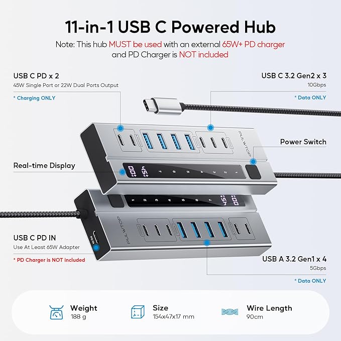 9-in-1 USB 3.2 Data Hub, Power Adapter NOT Included, Powered USB C Hub with 3 x USBC 10Gbps, 4 x USBA 5Gbps and 2 x 24/45W Type-C PD Charging Ports USB Hub