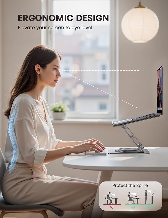 Lamicall Adjustable Laptop Stand for Desk - 360 Rotating Base Ergonomic Computer Stand, Aluminum Laptop Riser Foldable Protable for Office Home fits MacBook Air Pro, Dell, HP (10-17.3'') -Sliver