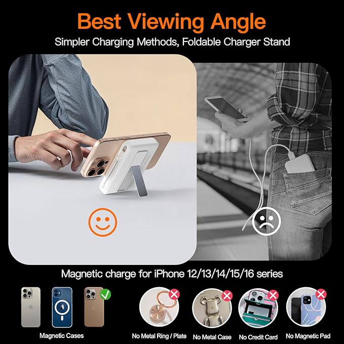 2025 Magnetic Battery Pack 16800mAh Mobile Power Bank, Portable Charger with Foldable Stand and Built-in Cable, 20W USB-C Fast Charging, Suitable for iPhone 17/16/15/14/13/12 Series