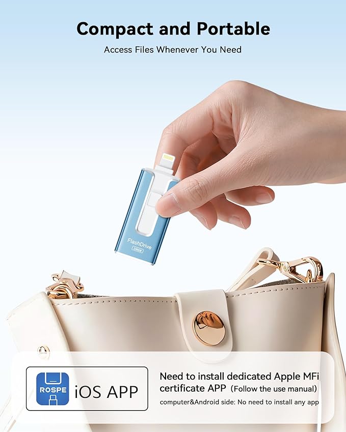 MFi Certified Flash Drive for iPhone 256GB, 3 in 1 Type-C USB Memory Stick Thumb Drive for Photos Videos, High Speed External Memory Storage Photo Stick for iPhone iPad Android PC (Sky Blue)