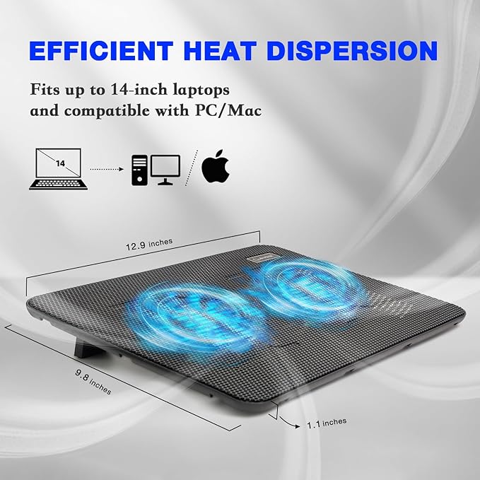 Laptop Cooling Pad, Coolertek Portable Slim Quiet Laptop Notebook Cooler Cooling Pad Stand with 2 Blue LED Fans, USB Powered, Adjustable Angled, Fits 11-14 Inch Laptop