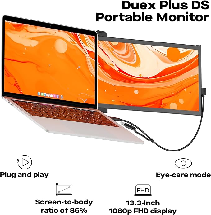 New Mobile Pixels Duex Plus DS Laptop Screen Extender, 13.3" FHD 1080P IPS Portable Monitor, Auto Rotation USB Type-C/HDMI Plug and Play Laptop Monitor, Windows/Mac/Android/Switch Compatible