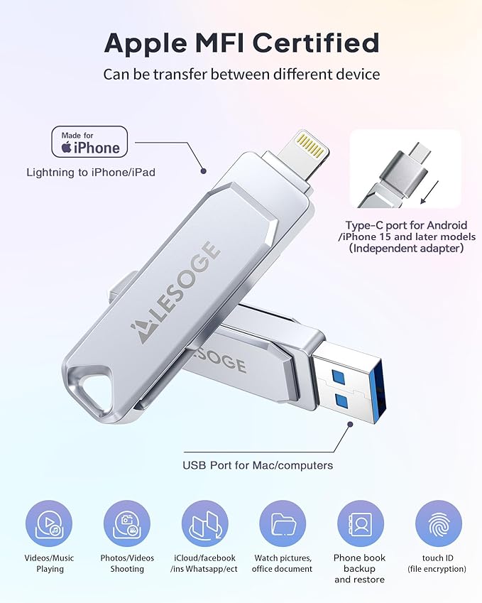 MFi Certified 128GB Flash Drive for iPhone Photo Stick USB Memory Stick Thumb Drives, High Speed USB Stick External Storage for iPhone/iPad/Android/PC