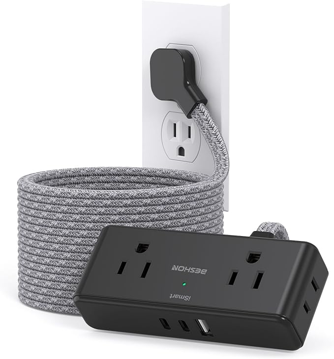 Extension Cord 15 ft, BESHON Flat Plug Power Strip, Long Power Strip, 4 Widely Outlets with 3 USB Ports (2 USB C), Extension Cord with Multiple Outlets for Home, Office, Dorm Room Essentials, Black