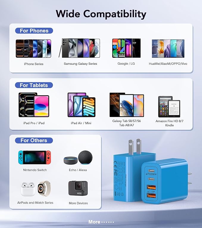 [40W/2Pack] Wall Charger,USB C Charger Block, Multi-Port PD + QC 3.0 Super Fast Charging Power Plug Adapter Brick for Watch Series 9 8 7, iPhone 17 16 15 14 13 Pro Max Airpod, Samsung Galaxy S24(Blue)