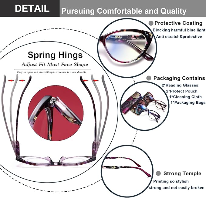 EYEURL Cat Eye Reading Glasses for Womens 2 Pack of Blue Light Blocking Readers +3.0 Spring Hinge Vintage Computer Eyeglass with Colorful Pattern Design