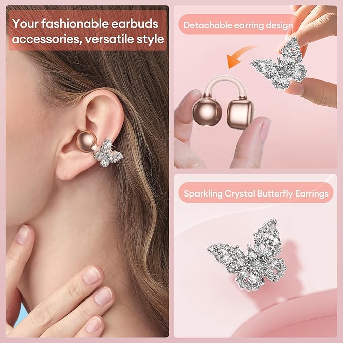 PAXA Bling Open Ear Clip On Earbuds with LED Display & Crystal Butterfly Earrings, Comfort Bluetooth 5.4 Wireless Ear Buds 50H Playtime for Women Girl Work, Fitness, Daily Wear, Gift, Rose Gold
