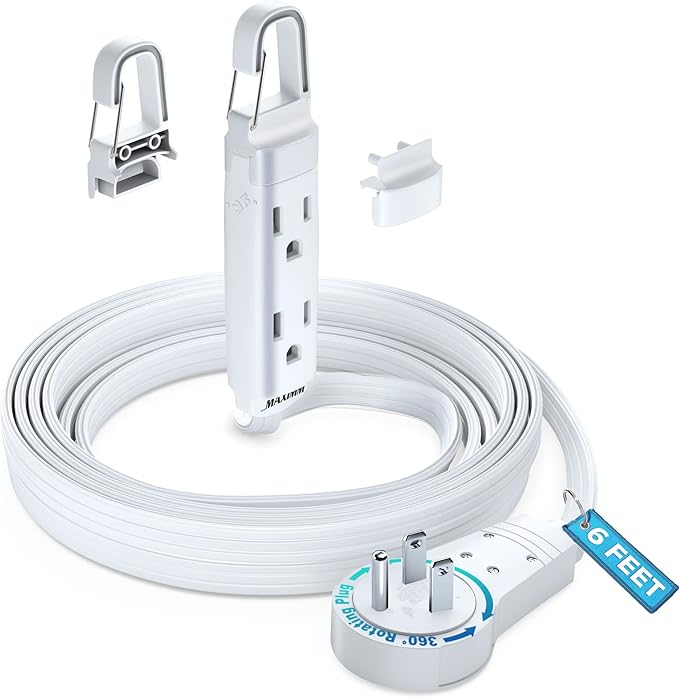 Maximm 360° Rotating Flat Plug Extension Cord with a Removable Hook, White Extension Cord 6 ft (16 Gauge) UL Certified