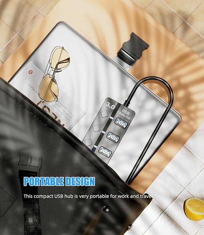 USB 3.0 Hub, PANPEO 7-Port USB Data Hub Splitter with 3ft Long Cable USB Extension for Laptop,PC Computer,Surface Pro, PS4/5, Flash Drive, Mobile HDD - with LED Individual On/Off