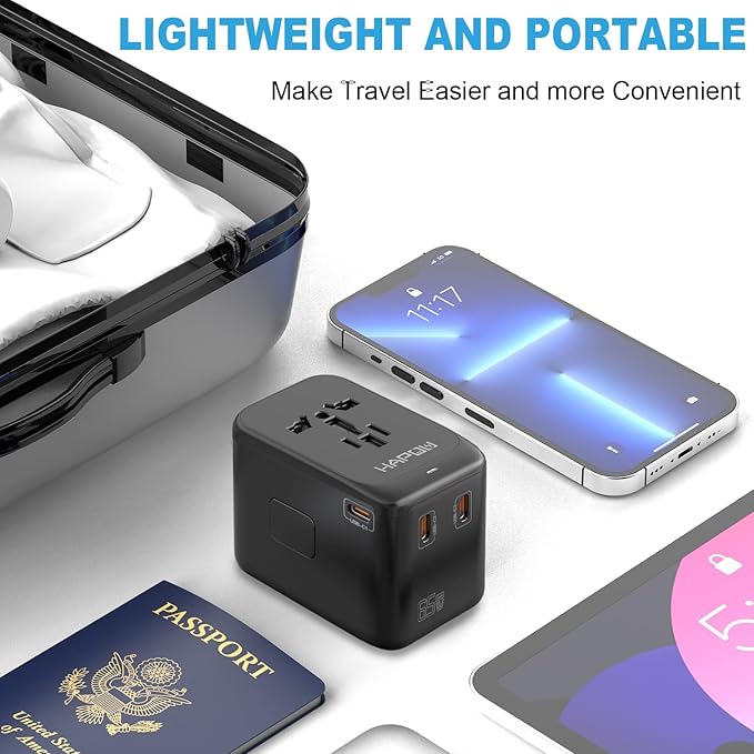 Universal Travel Adapter, GaN 65W International Power Adapter, 3 USB-C & 1 USB-A Fast Charging Travel Charger, All in One Worldwide Travel Plug Adapter, Outlet Adapter for Europe UK USA AU