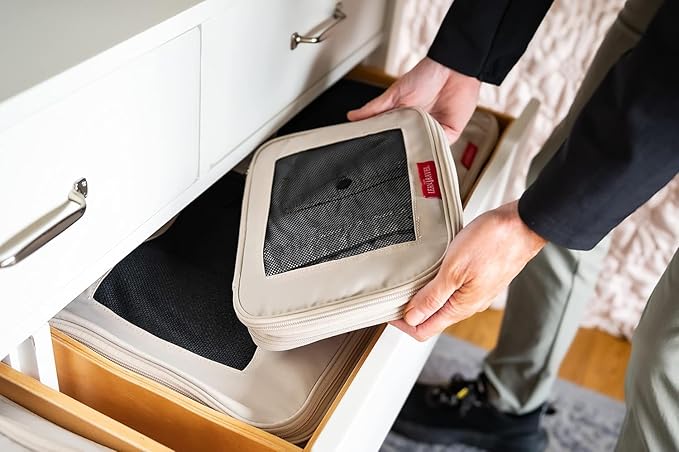 LeanTravel Compression Packing Cubes for Travel Organizers with Double Zipper (6-Pack (2L+2M+2S), Sand)