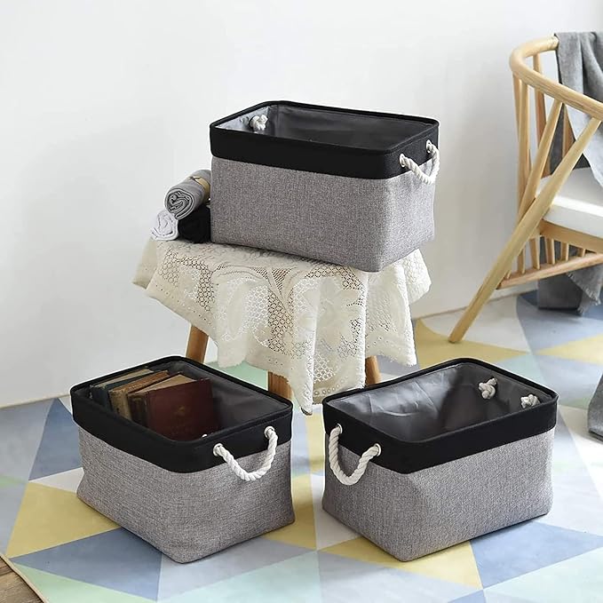 TheWarmHome Collapsible Storage Bin for Shelves - 16x12x8 inch Large 3 Pack Storage Basket for Organizing with Rope, Fabric Storage Cubes for Organizer Toy Cloth Gift Closet (Black & Grey)