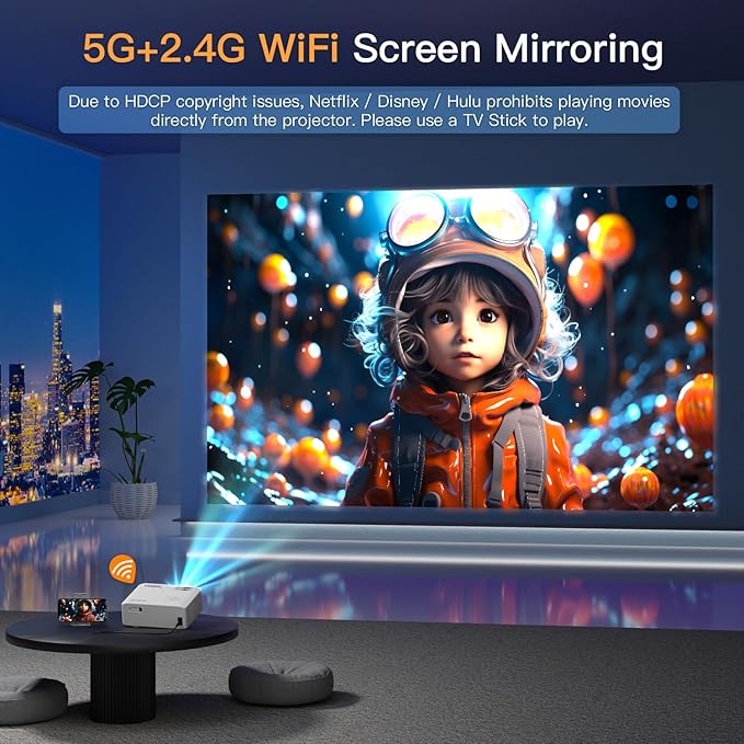 [6D/4P/4K] Projector with WiFi and Bluetooth, VISSPL 4K Supported Video Projector, Electric Keystone, Home Theater Movie Phone Projector Compatible with Android/iOS/Windows/TV Stick/HDMI/USB