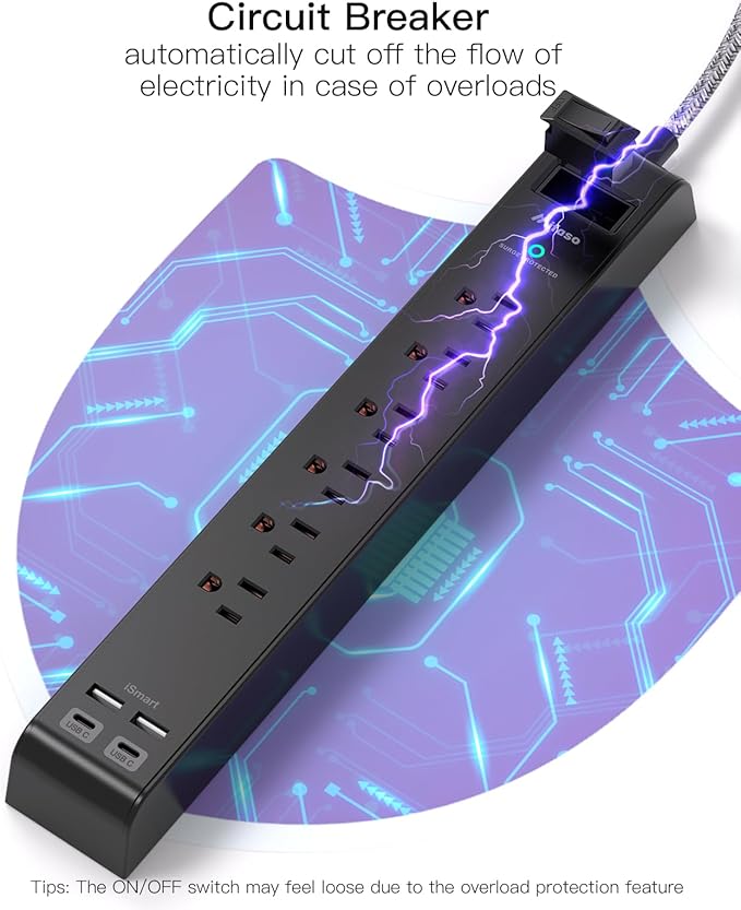 2 Pack Surge Protector Power Strip - 6 Outlets 4 USB Charging Ports, 5Ft Braided Extension Cord, Slim Flat Plug, Overload Protection, Wall Mount for Home Office, Dorm Room Essentials