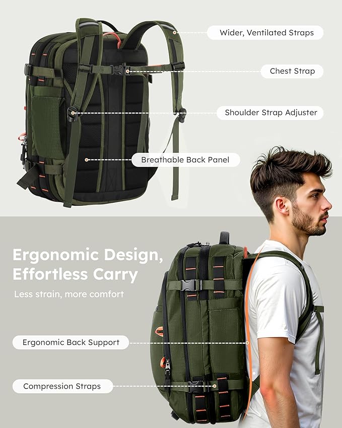 Tolaccea Travel Backpack, TSA Friendly Flight Approved Carry-on Luggage Water-resistant Business Rucksack, Durable Large Computer Bag Daypack Fits 15.6 Inch Laptop, 35-45L Expandable - Green