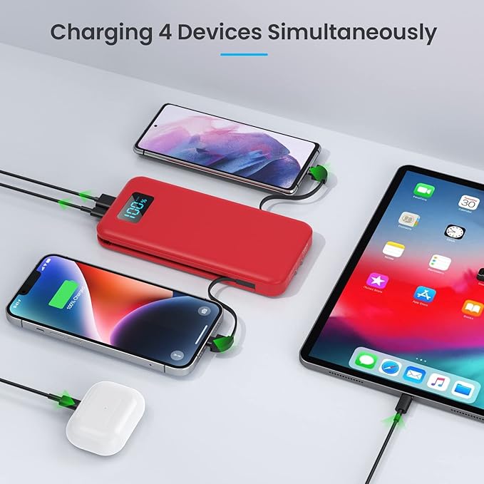 Portable Charger with Built-in Cables & AC Wall Plug,Ultra Slim 13800mAh USB-C Power Bank, 4 Output 2 Input LCD Display External Battery Pack Phone Charger Compatible with iPhone Samsung Android -Red
