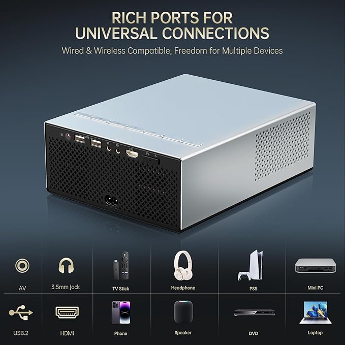 XIDU Portable Projector with WIFI and Bluetooth [Metal Housing/2000ANSI/UHD Native 1080P/Wireless Casting/Electric Focus/Auto Keystone] 4K Outdoor Movie Projector for Home,TV stick,iOS,Android,Laptop