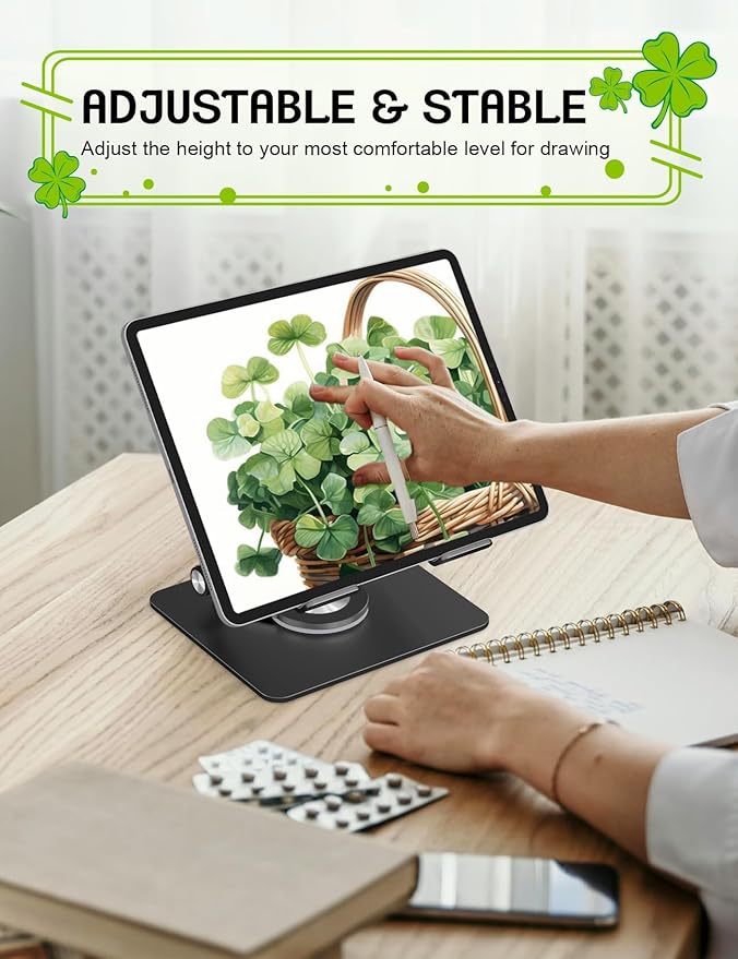 Tablet Stand for iPad, 360° Rotating Aluminum Desktop Holder – Adjustable & Foldable Desk Stand Compatible with iPad Pro 12.9/11, Air 10.9, Samsung Tab S9, Portable for Home Office, Black