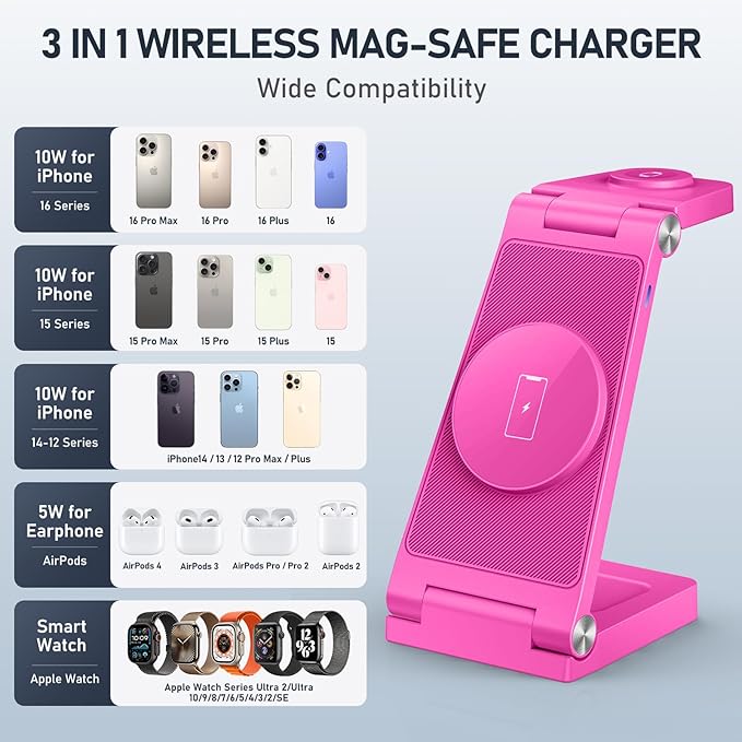Magnetic Wireless Charger Stand, 3 in 1 Foldable Wireless Charging Station, Travel Charger for Multiple Devices for iPhone 16 15 14 13 12 Series, Apple Watch Ultra/SE/9/8/7/6/5/4/3/2, AirPods
