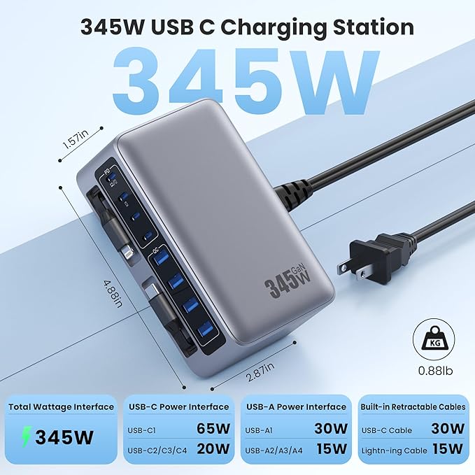 345W USB C Charger Block with 2 Built-in Retractable Cables,10-in-1 GaN IV USB C Charging Station,PD 65W Laptop Charger Power Adapter for MacBook Pro/Air,DELL,iPhone17/16/15/14,Galaxy S24,Android etc