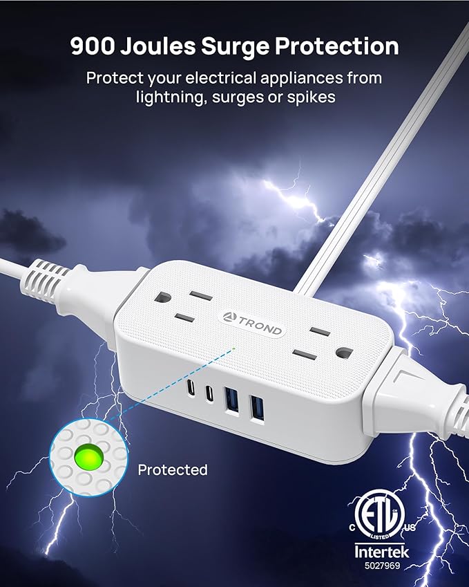 TROND 360° Rotating Flat Plug Power Strip, 3FT Extension Cord with 4 USB Ports, 4 Wide Spaced AC Outlets, Wall Mount, 900J Surge Protector for Office Travel Dorm Room Essentials, White