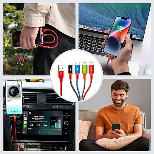 Short Multi Charging Cable, 1Ft/2Pack Multi Charging Cord, 4 in 1 Multiple USB Charger Cable,Fast Charging with IP/Type C/Micro USB Ports for Cell Phones/iPhone Series/Tablets/Galaxy/PS and More