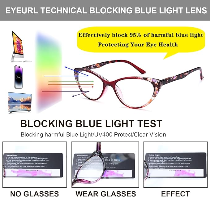 EYEURL Cat Eye Reading Glasses for Women, 2 Pack Blue Light Blocking Readers for Ladies Spring Hinge Fashion Pattern +4.00 Magnification Anti Eyestrain UV Protection