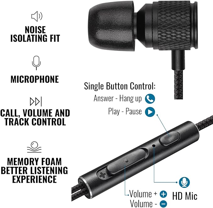 LUDOS Ultra Wired Earbuds in-Ear Headphones, 5 Years Warranty, Earphones with Microphone, Noise Isolating Ear Buds, Memory Foam for iPhone, Samsung, School Students, Kids, Women, Small Ears - Black