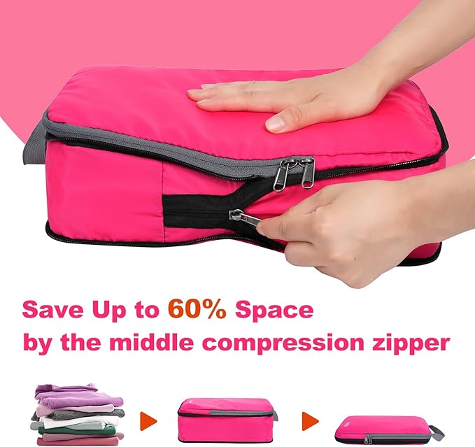 BAGAIL 4 Set/6 Set/8 Set Compression Packing Cubes Travel Accessories Expandable Packing Organizers (Cloth Pattern, 4-Fuchsia)
