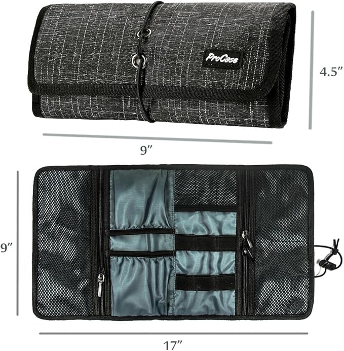 ProCase Electronic Organizer Cord Pouch, Travel Cable Charger Phone Accessories Bag Organizer Roll up Tech Carrying Case for USB Cables SD Memory Cards Earphone Flash Hard Drive -BlackPlaid
