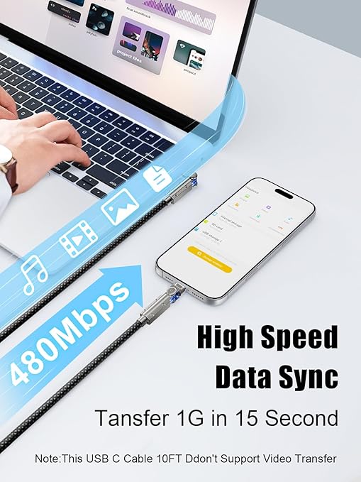 Upgraded 60W USB C Cable 10FT,180°Rotation Long USB C to USB C Fast Charging Cable, Nylon Braided Type C Charger Cord for iPhone 17/16/15,MacBook,iPad,Samsung