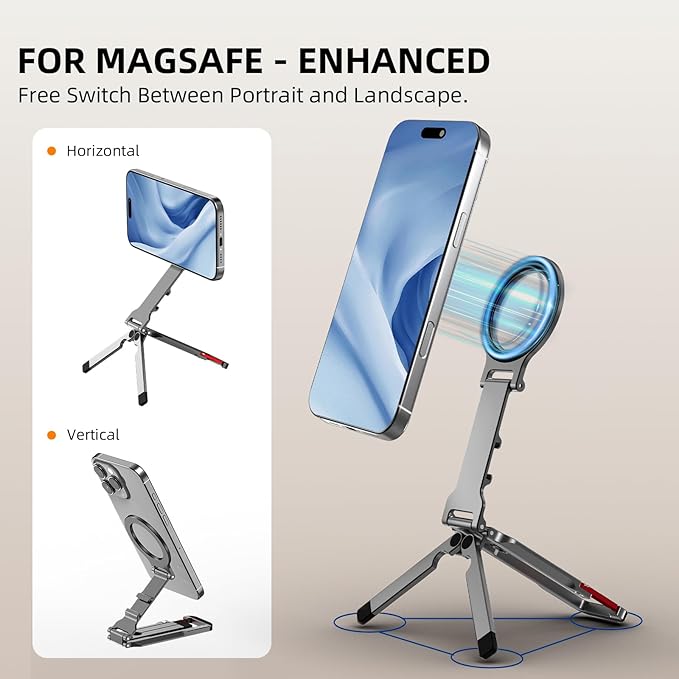 Magnetic Phone Tripod Stand for iPhone, Aluminium Lock Mini Tripod with Arca-Swiss, for MagSafe Smartphone Holder Quick Mount with 1/4'' Screw Hole and Cold Shoe for iPhone 17 16 15 14 13 12