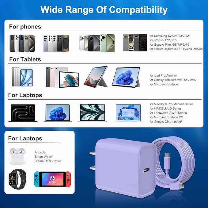 iPhone 17 16 15 Charger Fast Charging, 3 Pack PD 20W USB C Charger with 10FT Cord, USB C Cable Type C Chargers Block for iPhone 17/17 Pro/17 Pro Max/16/16 Plus/16 Pro/16 Pro Max/15/15 Pro（Purple）