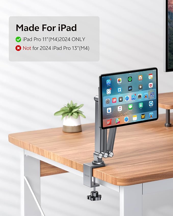 LULULOOK [Upgrade] Magnetic Wireless Charging Stand for iPad Pro 11" M4(2024) Only, Rock Steady iPad Stand for Desk with Foldable Aluminum Alloy Arm, Adjustable Tablet Mount with 2M Braided Cable