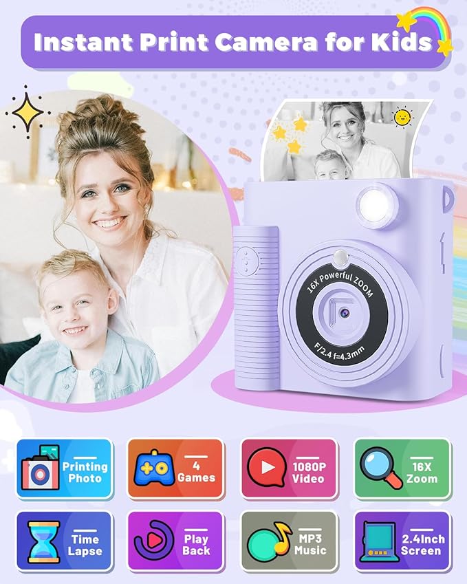 Kids Camera Instant Print, Christmas Birthday Gifts Girls Boys Aged 3-12, HD Digital Video Cameras Toddler, Instant Cameras for 3 4 5 6 7 8 9 10 Year Old Girls Boys with Print Paper