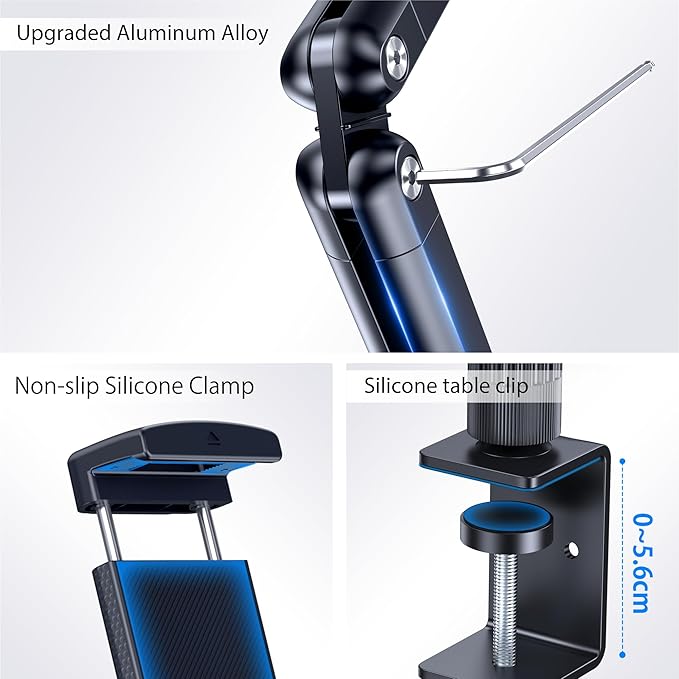 Tablet Desk Stand Holder, Extendable Arm Table Mount for iPad, Aluminum 360° Rotating Bracket with Metal Base, Compatible with 4.7-13 Inch Tablets, Phones, Samsung Galaxy, Kindle Fire HD