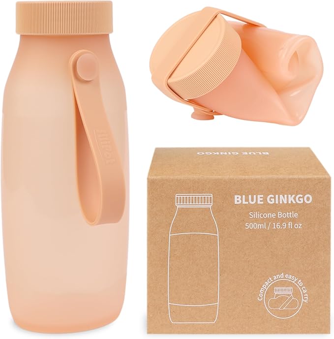 BLUE GINKGO Collapsible Water Bottle – Lightweight, Foldable Silicone Bottle for Travel, Hiking, and Camping (16.9oz, Made in Korea, Peach)
