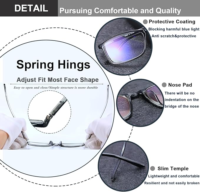 Professional Reading Glasses for Men/Women, Blue Light Blocking Computer Readers with Spring Hinges for Glare and UV Protection
