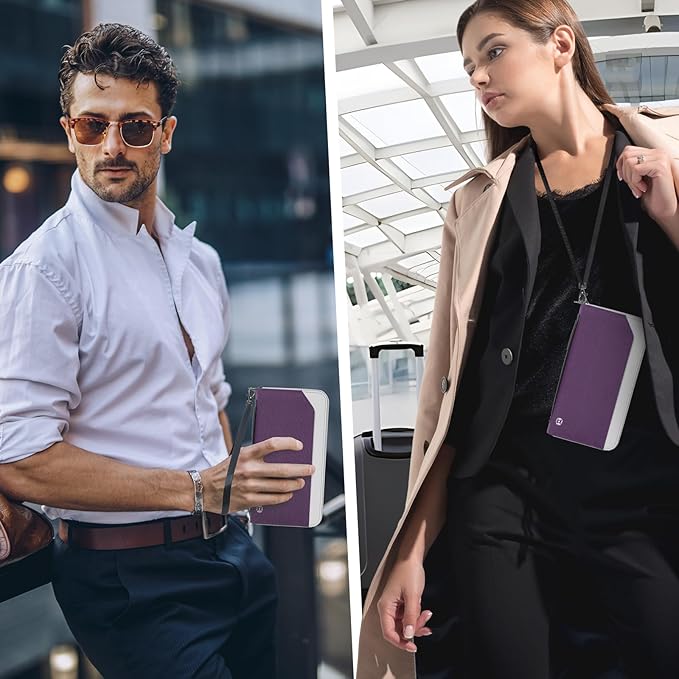 RFID Large Travel Passport Wallet with Airtag & Card Holder - Women Men, Lightweight Passport Cover Case Book Travel Document Organizer with Zipper Pocket, Deep Purple